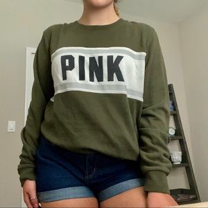 VS Pink Army Green Logo Crewneck Sweatshirt